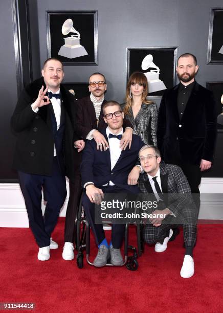 Zachary Scott Carothers, John Gourley, Eric Howk, Zoe Manville, Kyle O'Quin and Jason Wade Sechristof Portugal. The Man attend the 60th Annual GRAMMY...