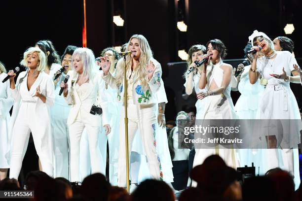 Recording artists Bebe Rexha, Cyndi Lauper, Kesha, Camila Cabello, Andra Day and Julia Michaels perform onstage during the 60th Annual GRAMMY Awards...