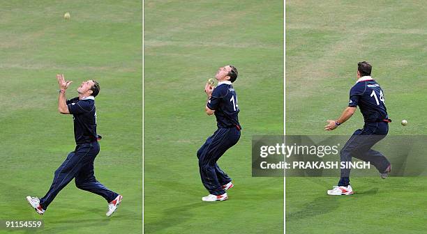 Combo of pictures shows England's captain Andrew Strauss droping a catch of Sri Lanka's Muttiah Muralitharan off the bowling of Stuart Broad during...