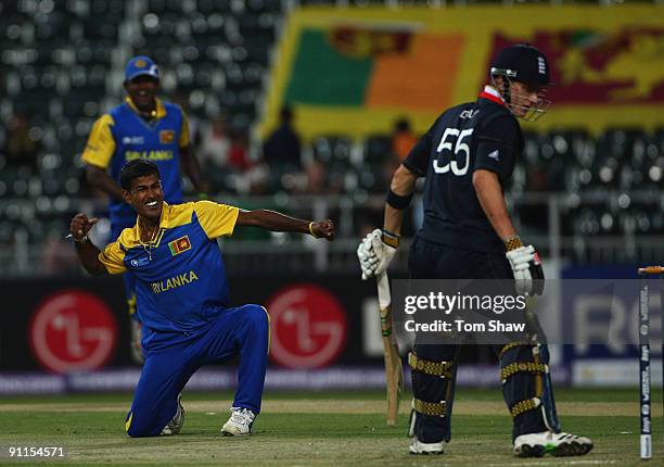 Nuwan Kulasekara of Sri Lanka celebrates taking the wicket of Joe Denly of England during the ICC Champions Trophy group B match between Sri Lanka...