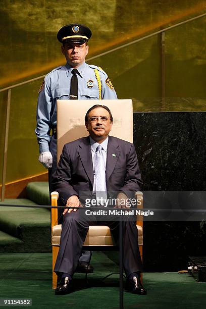 President of Pakistan Asif Ali Zardari waits to address the United Nations General Assembly at the UN headquarters on September 25, 2009 in New York...