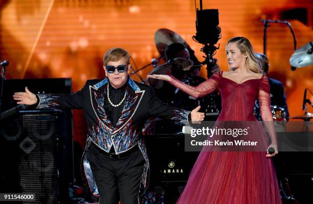 Recording artists Sir Elton John and Miley Cyrus perform onstage during the 60th Annual GRAMMY Awards at Madison Square Garden on January 28, 2018 in...