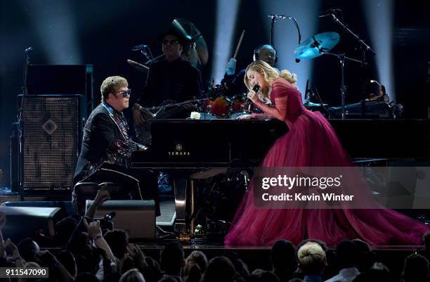 Recording artists Sir Elton John and Miley Cyrus perform onstage during the 60th Annual GRAMMY Awards at Madison Square Garden on January 28, 2018 in...