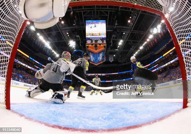 Nikita Kucherov of the Tampa Bay Lightning scores on goaltender Braden Holtby of the Washington Capitals during the 2018 Honda NHL All-Star Game at...