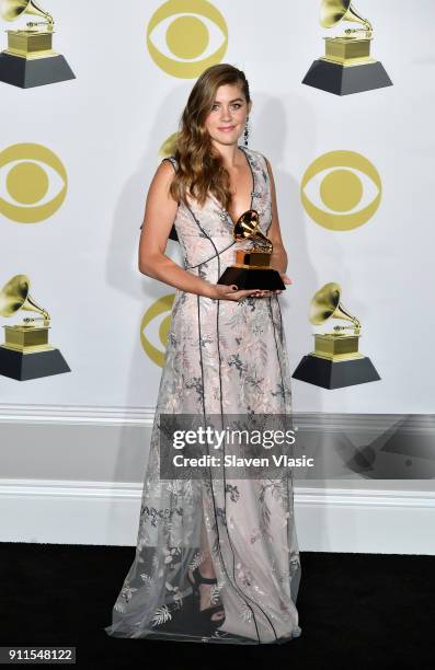 Actor Laura Dreyfuss, winner of the Best Musical Theater Album award for 'Dear Evan Hansen,' poses in the press room during the 60th Annual GRAMMY...