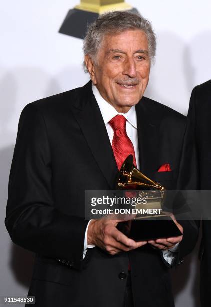 Tony Bennett, winners of Best Traditional Pop Vocal Album for 'Tony Bennett Celebrates 90' poses in the press room during the 60th Annual Grammy...