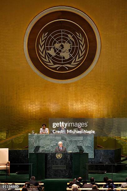 Palestinian President Mahmoud Abbas addresses the United Nations General Assembly at the UN headquarters on September 25, 2009 in New York City. The...