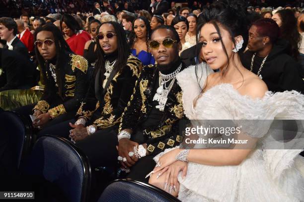 Recording artists Quavo, Takeoff and Offset of Migos and Cardi B attend the 60th Annual GRAMMY Awards at Madison Square Garden on January 28, 2018 in...