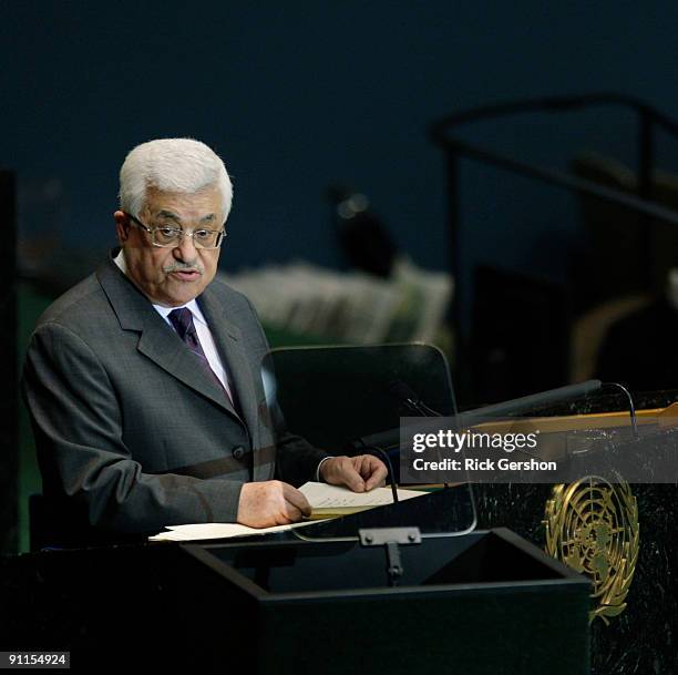 Palestinian President Mahmoud Abbas addresses the United Nations General Assembly at the UN headquarters on September 25, 2009 in New York City. The...