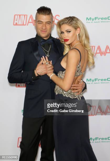Adult film actor Xander Corvus and adult film actress Jessa Rhodes attend the 2018 Adult Video News Awards at the Hard Rock Hotel & Casino on January...