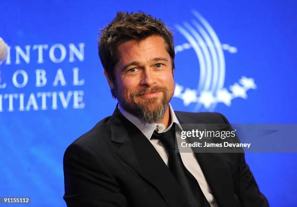 Actor Brad Pitt hosts with former President Bill Clinton an infrastructure special session during the 2009 Clinton Global Initiative at the Sheraton...