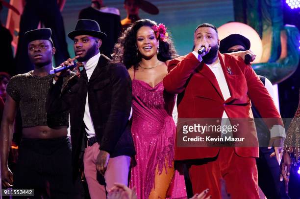 Recording artists Bryson Tiller, Rihanna and DJ Khaled perform onstage during the 60th Annual GRAMMY Awards at Madison Square Garden on January 28,...
