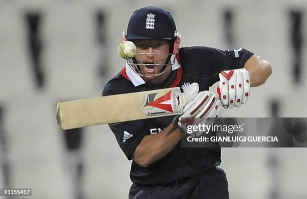 English batsman Paul Collingwood plays a shot on September 25, 2009 during the ICC Champions Trophy group match between England and Sri Lanka at the...