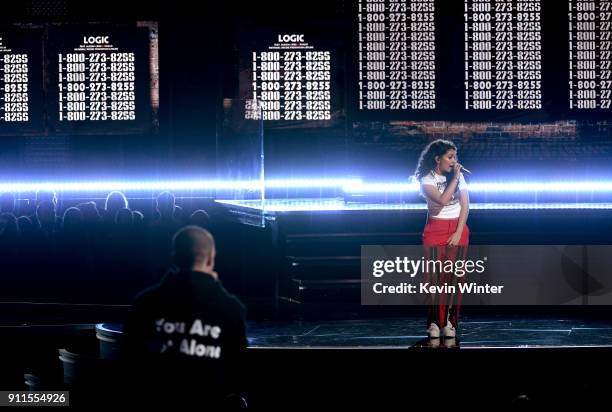 Recording artists Logic and Alessia Cara perform onstage during the 60th Annual GRAMMY Awards at Madison Square Garden on January 28, 2018 in New...