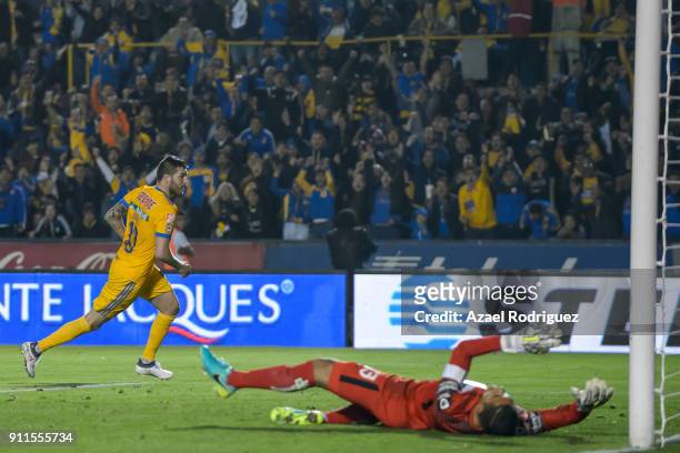 Andre-Pierre Gignac of Tigres celebrates after scoring his team's third goal during the 4th round match between Tigres UANL and Pachuca as part of...