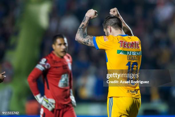 Andre-Pierre Gignac of Tigres celebrates after scoring his team's third goal during the 4th round match between Tigres UANL and Pachuca as part of...