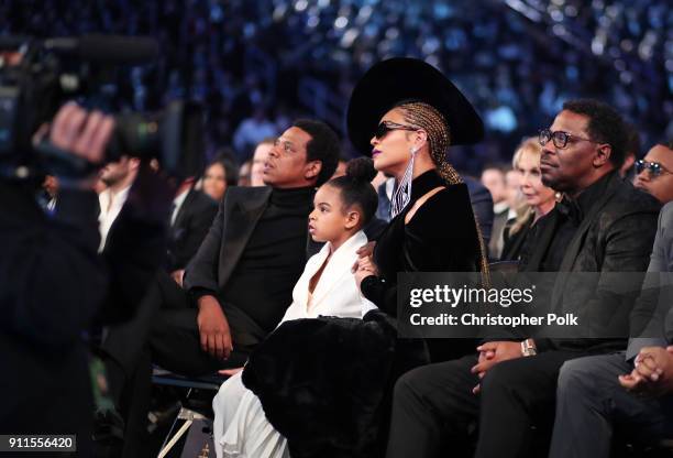 Recording artist Jay-Z, Ivy Blue Carter and recording artist Beyonce Knowles attend the 60th Annual GRAMMY Awards at Madison Square Garden on January...