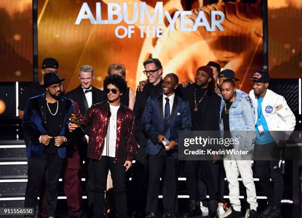 Recording artist Bruno Mars accepts Album of the Year for '24K Magic' with production team onstage during the 60th Annual GRAMMY Awards at Madison...