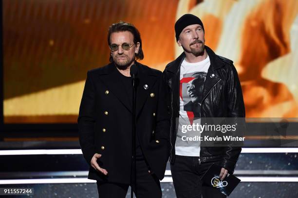 Recording artists Bono and The Edge of music group U2 speak onstage during the 60th Annual GRAMMY Awards at Madison Square Garden on January 28, 2018...
