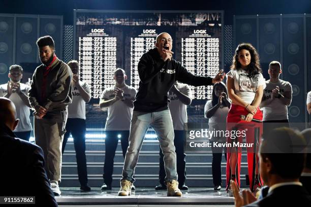 Recording artists Khalid, Logic and Alessia Cara perform onstage during the 60th Annual GRAMMY Awards at Madison Square Garden on January 28, 2018 in...