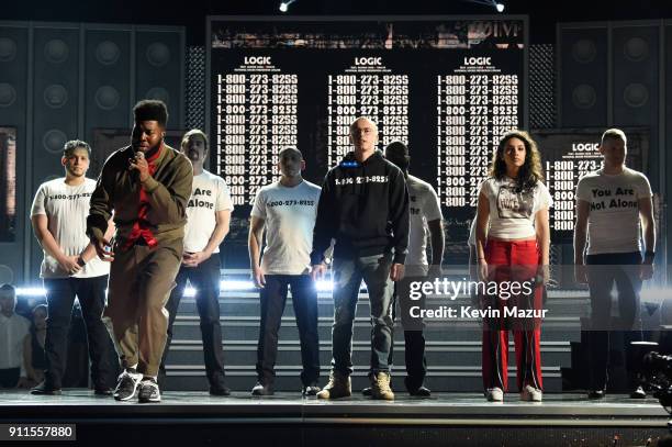 Recording artists Khalid, Logic and Alessia Cara perform onstage during the 60th Annual GRAMMY Awards at Madison Square Garden on January 28, 2018 in...