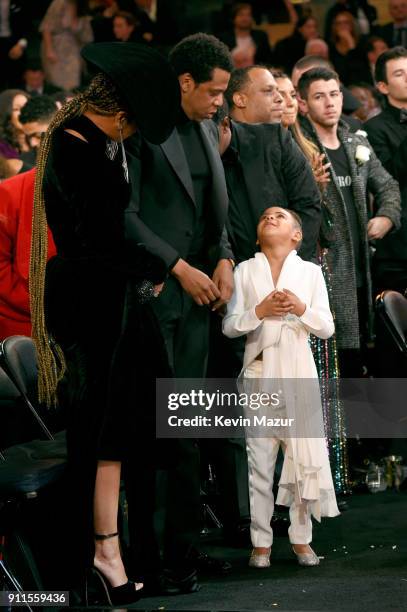 Recording artists Beyonce, Jay Z and daughter Blue Ivy Carter during the 60th Annual GRAMMY Awards at Madison Square Garden on January 28, 2018 in...