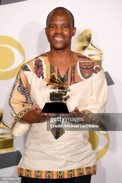 Member of musical group Ladysmith Black Mambazo, winners of Best World Music Album for 'Shaka Zulu Revisited: 30th Anniversary Celebration', poses in...