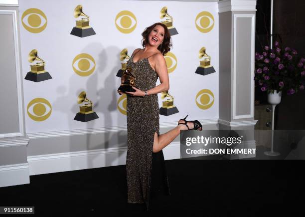 Actress Jennifer Laura Thompson, winner of the Best Musical Theater Album award for 'Dear Evan Hansen,' poses in the press room during the 60th...