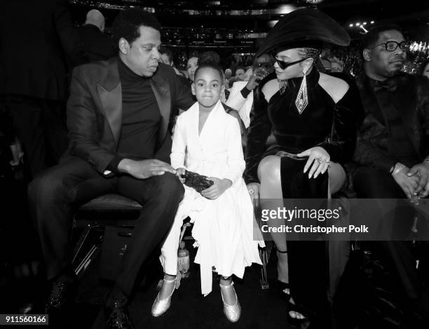 Recording artist Jay-Z, Blue Ivy Carter and recording artist Beyonce attend the 60th Annual GRAMMY Awards at Madison Square Garden on January 28,...