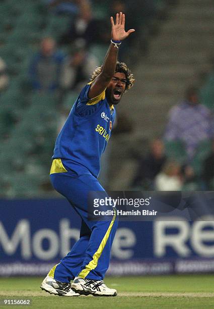 Lasith Malinga of Sri Lanka appeals unsuccessfully against Owais Shah of England during the ICC Champions Trophy Group B match between Sri Lanka and...