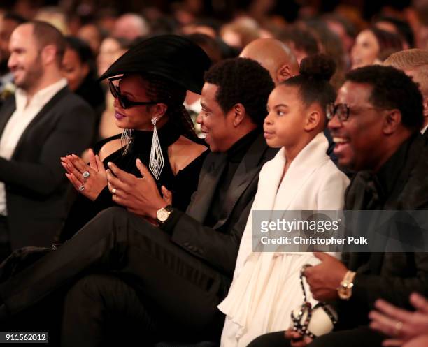 Recording artists Beyonce, Jay Z and their daughter Blue Ivy Carter attend the 60th Annual GRAMMY Awards at Madison Square Garden on January 28, 2018...