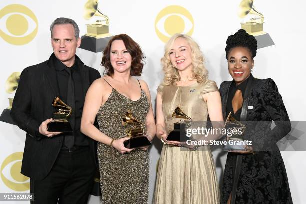 Actors Michael Park, Jennifer Laura Thompson, Kristolyn Lloyd and Rachel Bay Jones, winners of the Best Musical Theater Album award for 'Dear Evan...