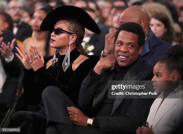 Recording artist Beyonce, Jay Z and daughter Blue Ivy Carter attend the 60th Annual GRAMMY Awards at Madison Square Garden on January 28, 2018 in New...