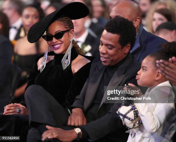 Recording artist Beyonce, Jay Z and daughter Blue Ivy Carter attend the 60th Annual GRAMMY Awards at Madison Square Garden on January 28, 2018 in New...