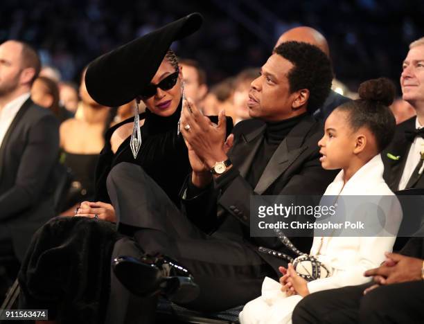 Recording artists Beyonce, Jay Z and daughter Blue Ivy Carter attend the 60th Annual GRAMMY Awards at Madison Square Garden on January 28, 2018 in...