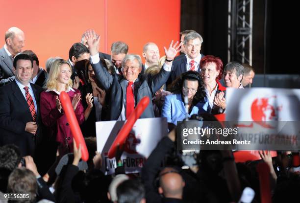 German Vice Chancellor, Foreign Minister and lead candidate for the German Social Democrats Frank-Walter Steinmeier waves to supporters at an SPD...