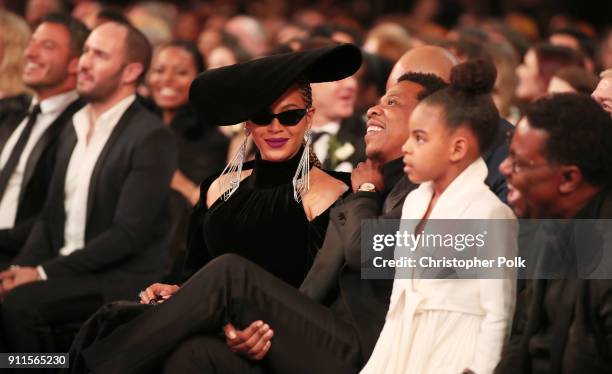 Recording artists Beyonce, Jay Z and daughter Blue Ivy Carter attend the 60th Annual GRAMMY Awards at Madison Square Garden on January 28, 2018 in...