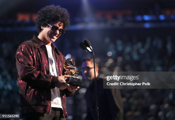 Recording artist Bruno Mars accepts the award for Album of the Year during the 60th Annual GRAMMY Awards at Madison Square Garden on January 28, 2018...