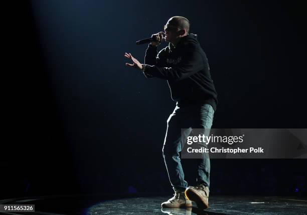 Recording artist Logic performs onstage at the 60th Annual GRAMMY Awards at Madison Square Garden on January 28, 2018 in New York City.