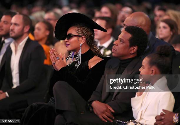 Recording artists Beyonce and Jay-Z, and Blue Ivy Carter attend the 60th Annual GRAMMY Awards at Madison Square Garden on January 28, 2018 in New...