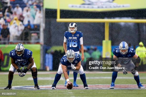 Guard Trai Turner of the Carolina Pathers, center Travis Fredrick of the Dallas Cowboys, guard T.J. Lang of te Detroit Lines and quarterback Jared...