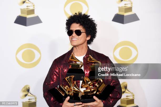 Recording artist Bruno Mars, winner of the Record of the Year award for '24K Magic,' Album Of The Year award for '24K Magic,' Song of the Year award...