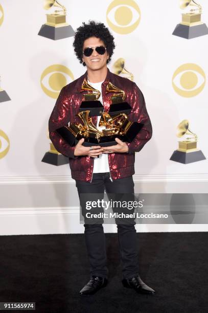 Recording artist Bruno Mars, winner of the Record of the Year award for '24K Magic,' Album Of The Year award for '24K Magic,' Song of the Year award...