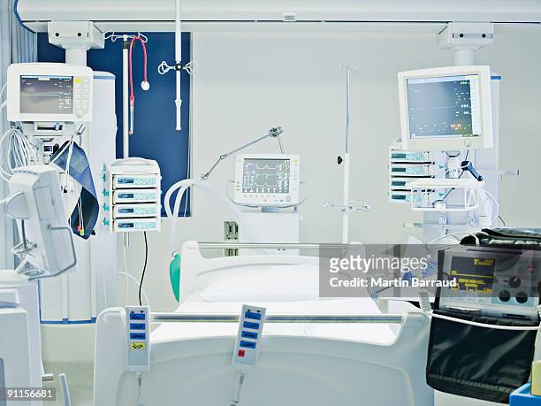 empty hospital bed in intensive care - intensive care unit stock pictures, royalty-free photos & images
