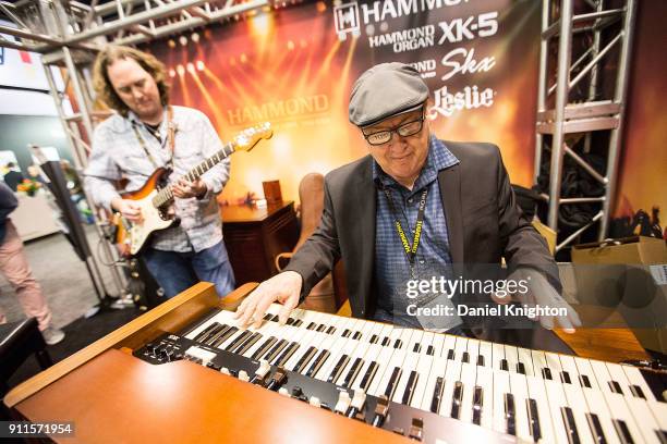 Musicians Jack Maher and Robby Robinson perform at the Hammond booth at The 2018 NAMM Show at Anaheim Convention Center on January 28, 2018 in...