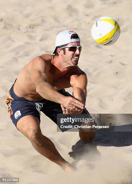 Todd Rogers of USA passes the ball during the AVP Crocs Tour World Challenge against Brazil at the Westgate City Center on September 25, 2009 in...