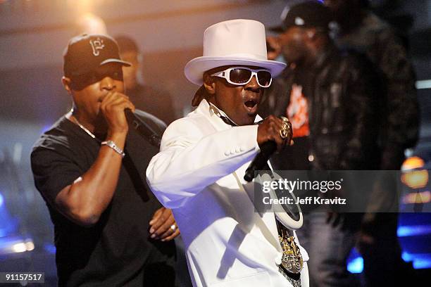 Rappers Chuck D and Flavor Flav of Public Enemy perform onstage at the 2009 VH1 Hip Hop Honors at the Brooklyn Academy of Music on September 23, 2009...