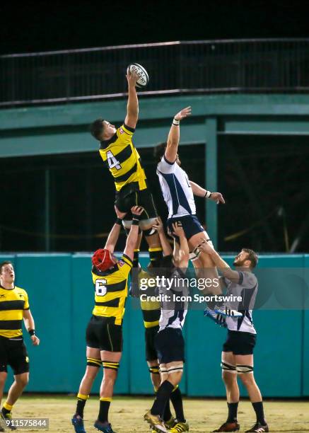 Houston SaberCats lock Charlie Hewitt wins the ball during the Major League Rugby match between James Bay AC and the Houston SaberCats on January 27,...