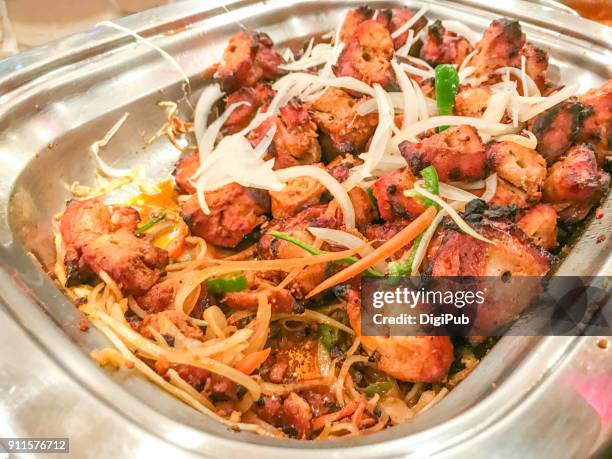 indian chicken kebab served in stainless steel plate at buffet restaurant - tandoor oven stock pictures, royalty-free photos & images