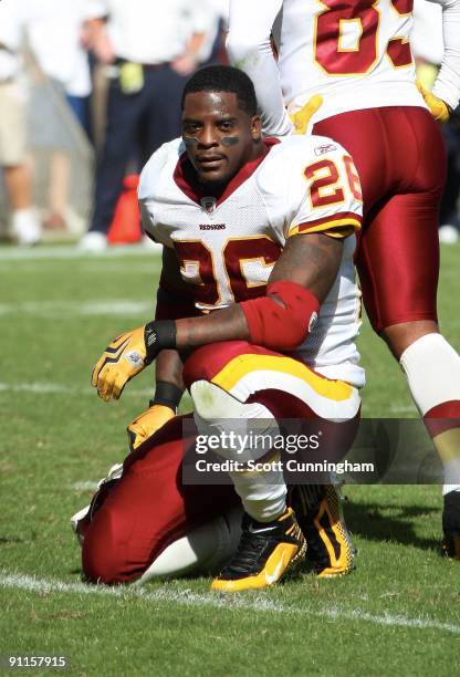 Clinton Portis of the Washington Redskins relaxes during a timeout in the game against the St. Louis Rams at FedEx Field on September 20, 2009 in...